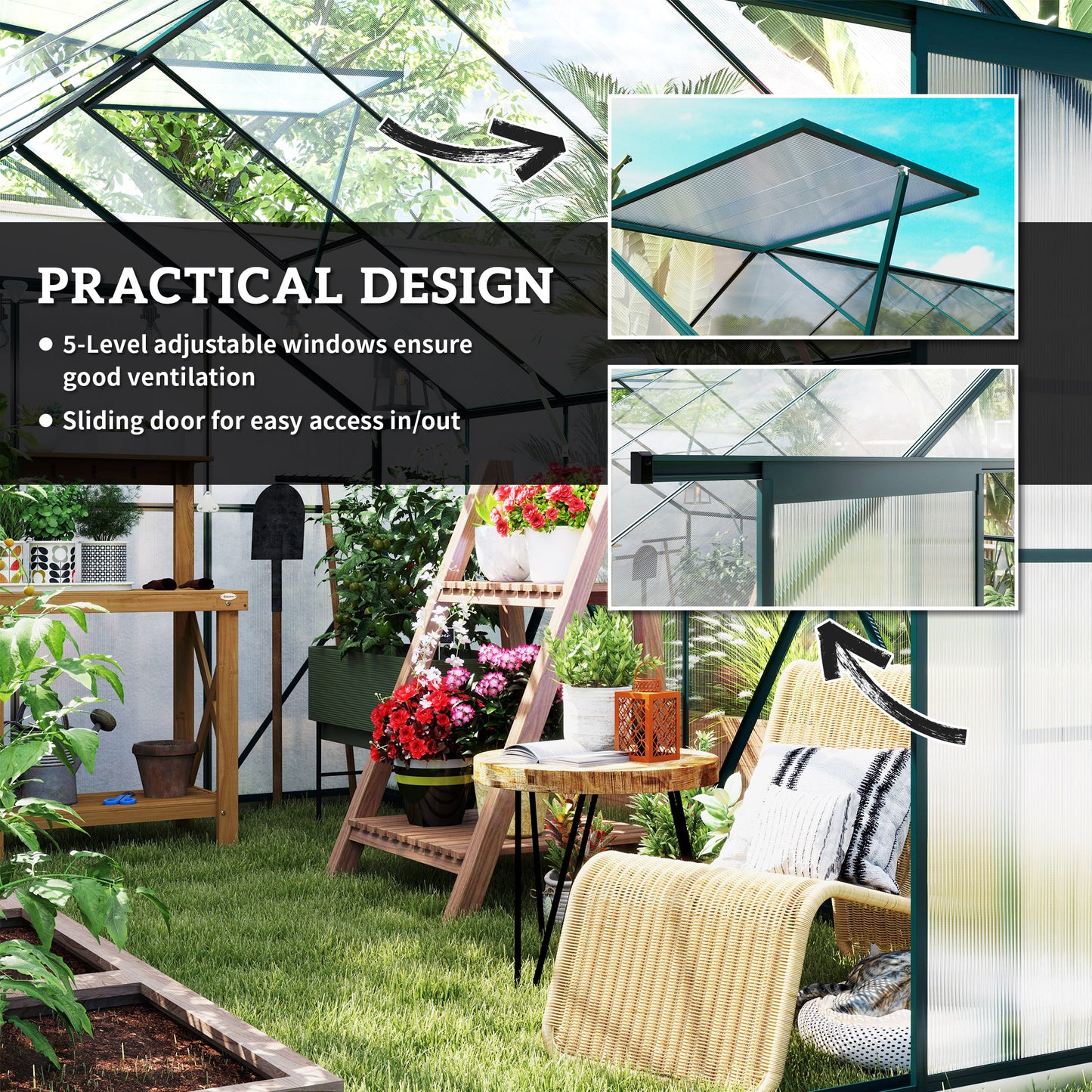 8x12ft Polycarbonate Walk-in Greenhouse Outdoor Double Sliding Door Outsunny