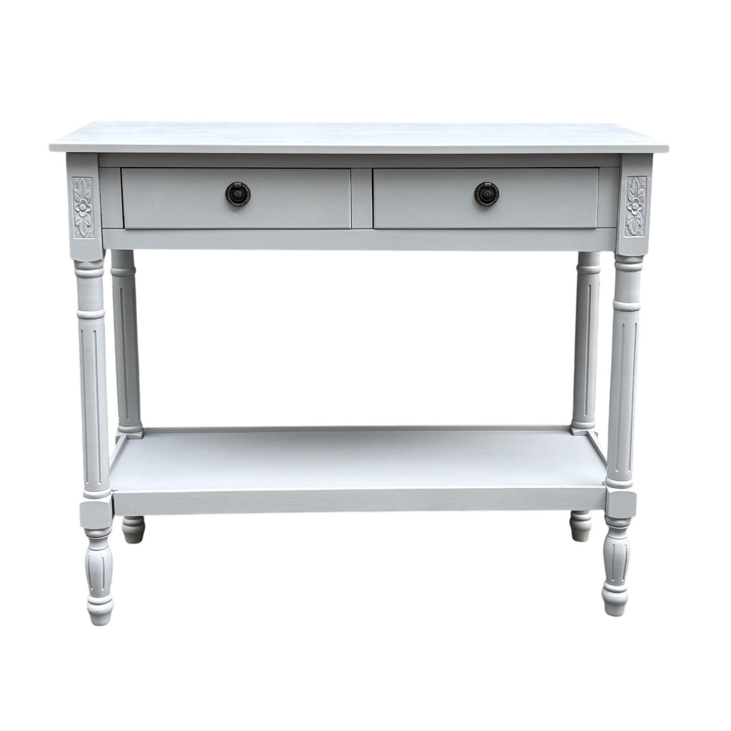 Modern and Stylish 2 Drawer Rectangular Console Table - Medium Wood Tone Finish for Sleek Hallway Side Table with Knob Handle Drawers for Home, Office, Bedrooms, or Living Spaces (Moonstruck Grey)