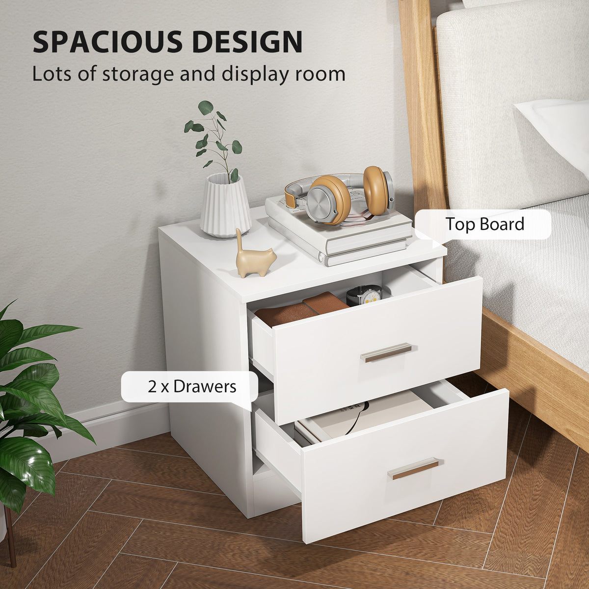HOMCOM Modern Bedside Table, Beside Cabinet with 2 Drawers, for Bedroom, Living Room, White