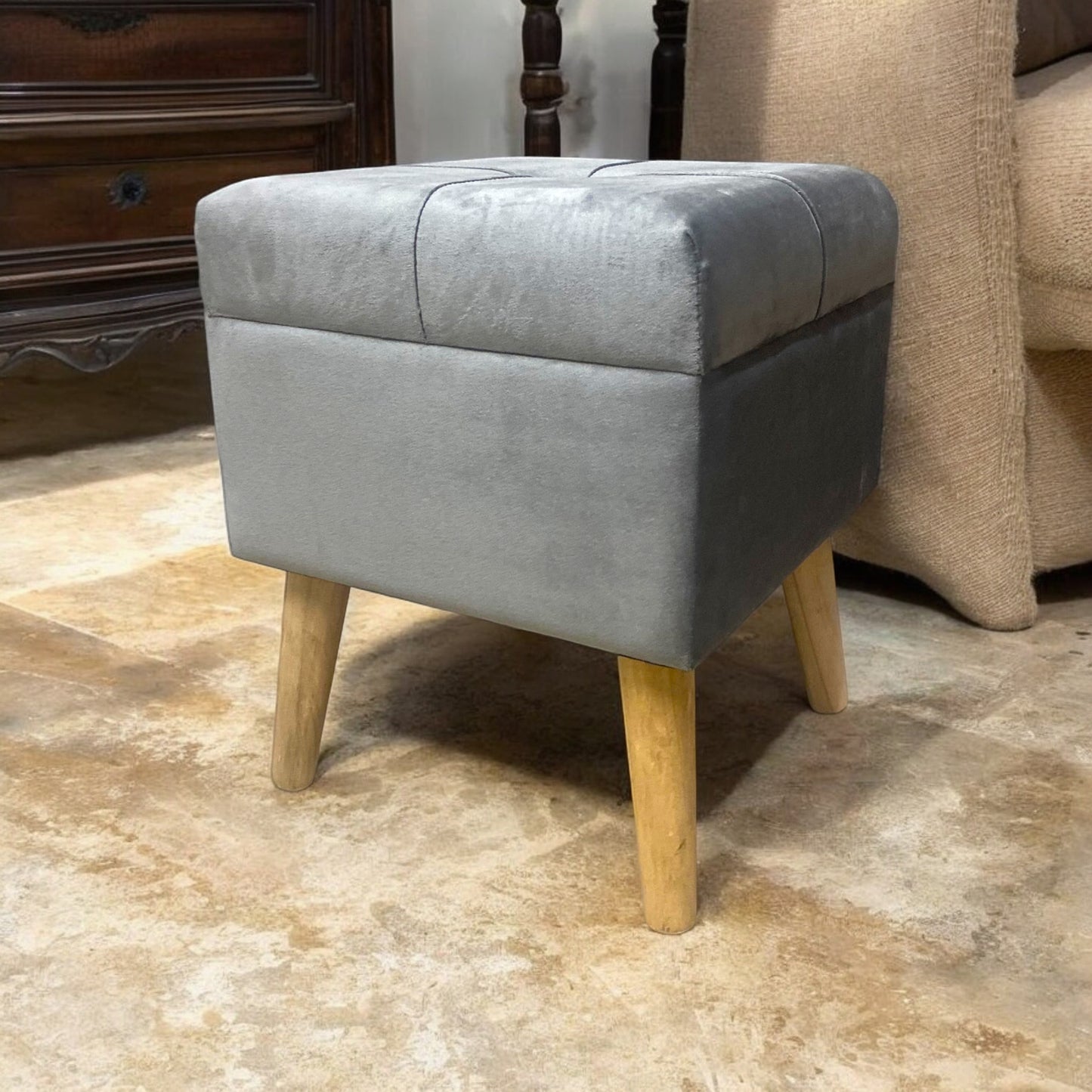 AcaciaHome Stylish & Durable Living Velvet Ottoman Footstool with Lift-Up Storage, Square Design, Traditional Pattern, Comfortable Medium Firmness for Living Room, Office or Lounge (Grey, Square)