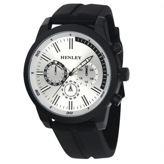 Henley Mens classy sporty Multi eye dials Large Silicone Watch Black/Silver H02227.1
