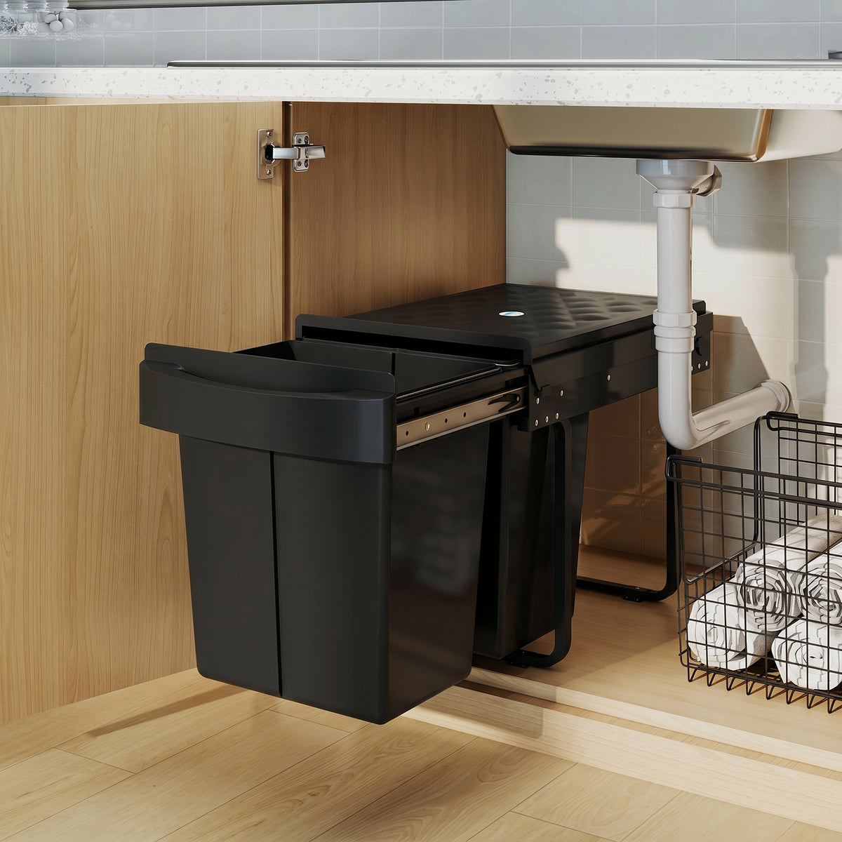 HOMCOM Pull Out Bin, Kitchen Under Sink Bin with 2 Removable Compartments, Smooth Glide, Black