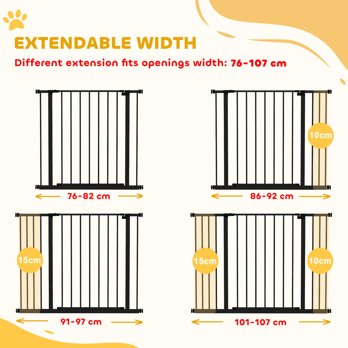 PawHut Dog Gate Pet Safety Gate Stair Barrier Pressure Mount Adjustable 76-82/86-97/101-107 cm, Black