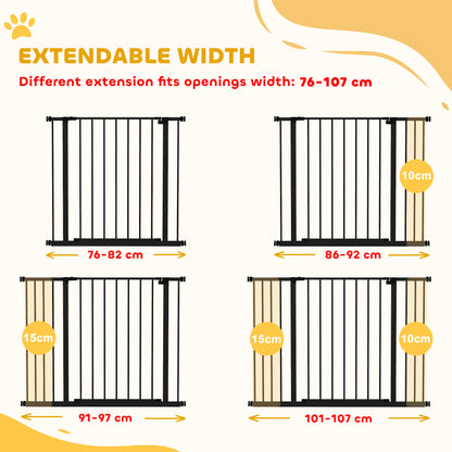 PawHut Dog Gate Pet Safety Gate Stair Barrier Pressure Mount Adjustable 76-82/86-97/101-107 cm, Black
