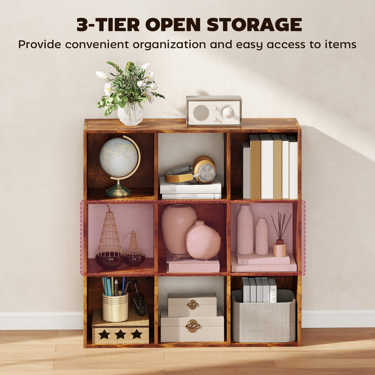 HOMCOM 3-tier 9 Cubes Storage Unit Particle Board Cupboard Bookcase Organiser Home Office Shelves, Rustic Brown