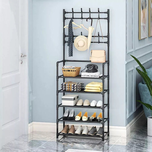 New Coat and Hat Stand 8 Hooks Metal Shoe Rack 5 Tiers Shelf Hanger Black