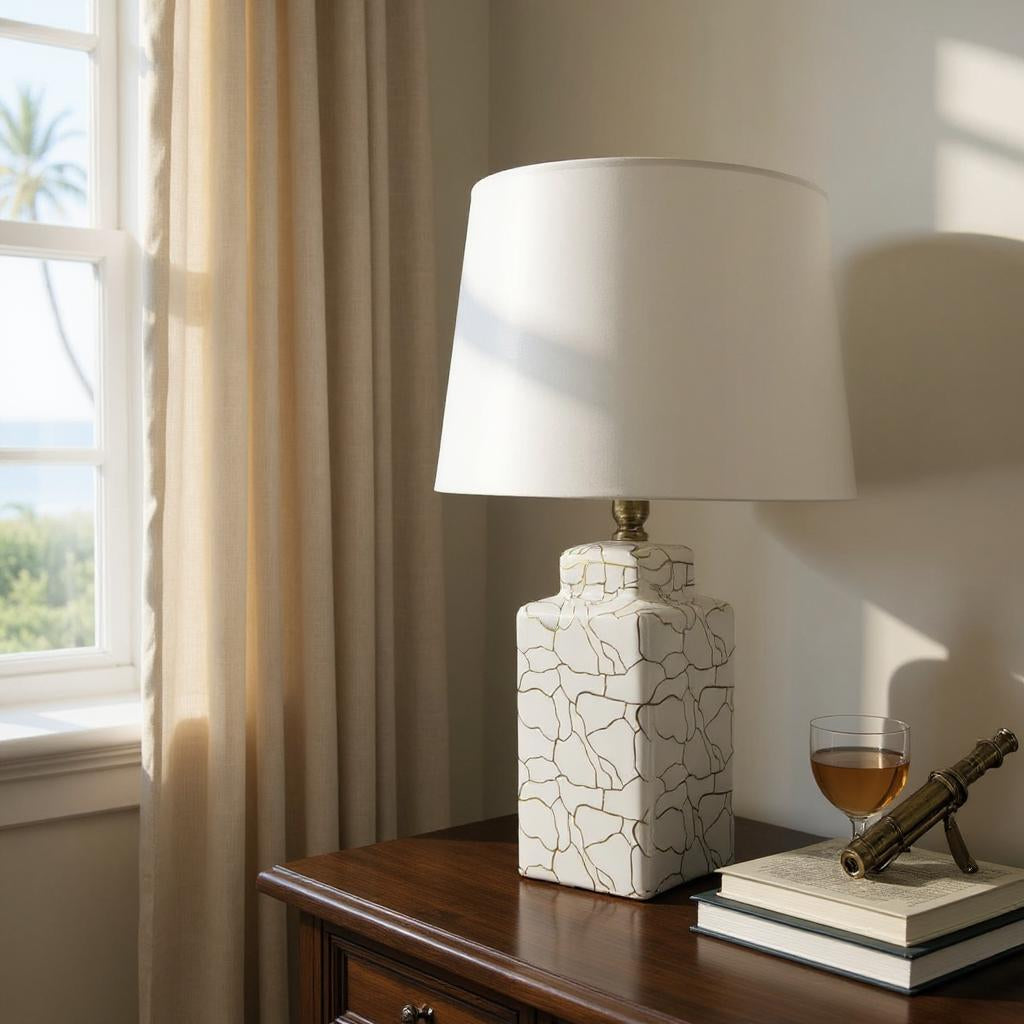 Cream Ceramic Table Lamp with Drum Shade – Durable Striped Design, Handmade Shade, Soft Ambient Light, Stylish Home Décor Accent for Living Room, Hallway, or Study (Abstract Vase - with 59cm Shade)