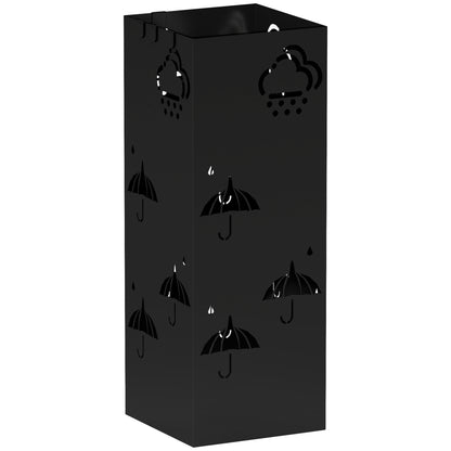 HOMCOM Metal Umbrella Stand, Square Umbrella Holder with Removable Drip Tray and 4 Hooks, Decorative Umbrella Storage Rack for Hallway, Entryway, 15.5 x 15.5 x 41 cm, Black