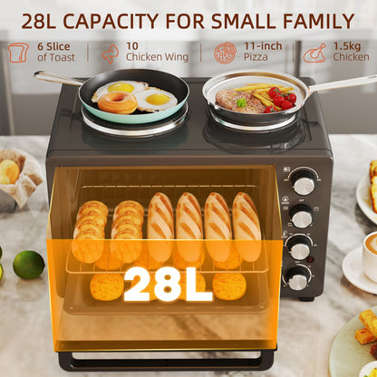 HOMCOM 28L Toaster Oven with Double Hotplate, 1600W Countertop MIni Oven with 60 Minute Timer & 230°C Temp Control, Baking Tray & Wire Rack, Black