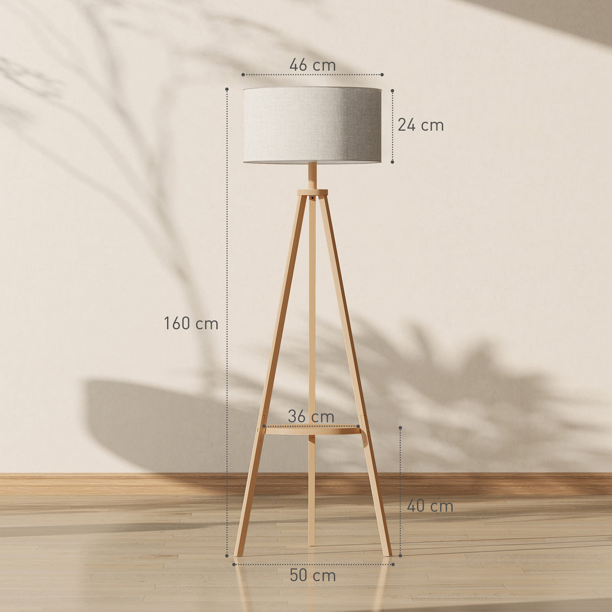 HOMCOM Bedside Light, Tripod Floor Lamp with Storage Shelf and Linen Shade for Living Room, 160cm, Natural Wood Colour