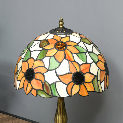 HOMCOM Tiffany Stained Glass Table Lamp, Handmade Antique Bedside Lamp for Bedroom, Living room, Home, Nightstand, Decorative Night Light, Orange Sunflower