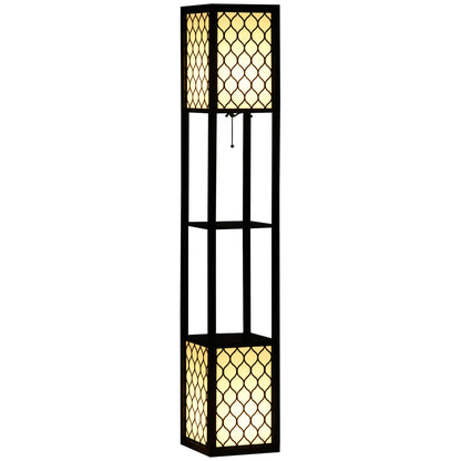HOMCOM Floor Lamp with Shelves, Modern Tall Standing Lamps with Fabric Lampshade, Chain Switch and Dual Light for Living Room, Bedroom, Bulb not Included, Black