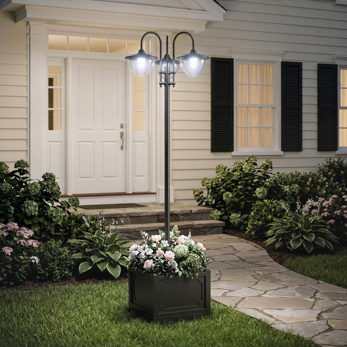 Outsunny 189cm 3-head Solar Lamp Post, Street Light with Planter, Automatic-on, 6 Hour Max Outdoor Ready LED Lighting, Black