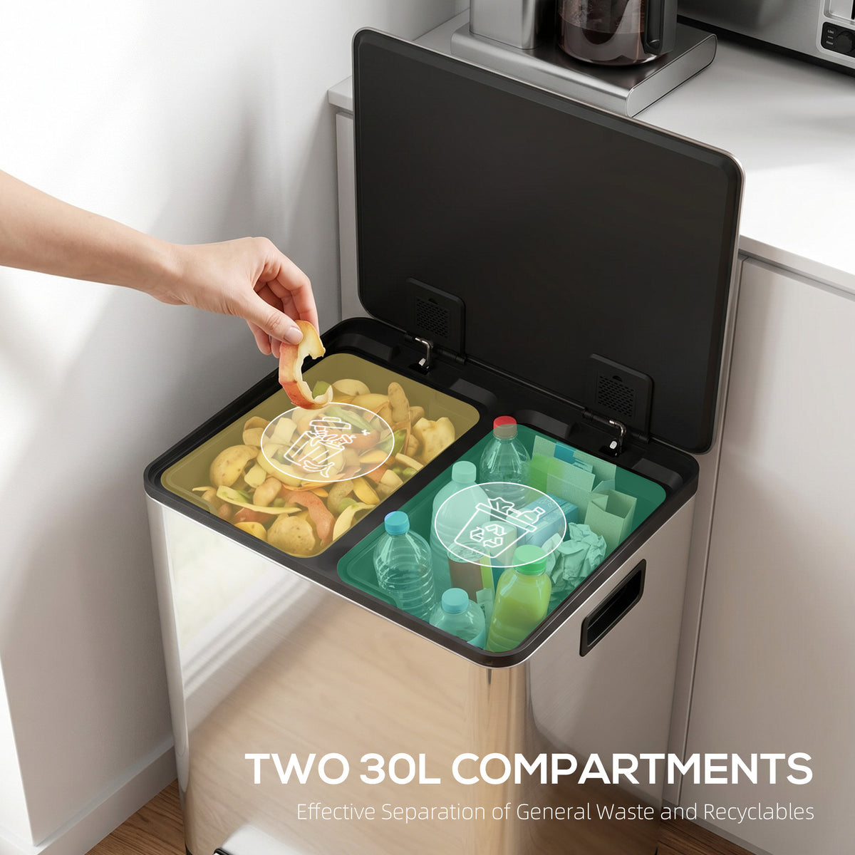 HOMCOM 60L Dual Compartment Stainless Steel Bin, with Deodoriser Holders - Silver Tone