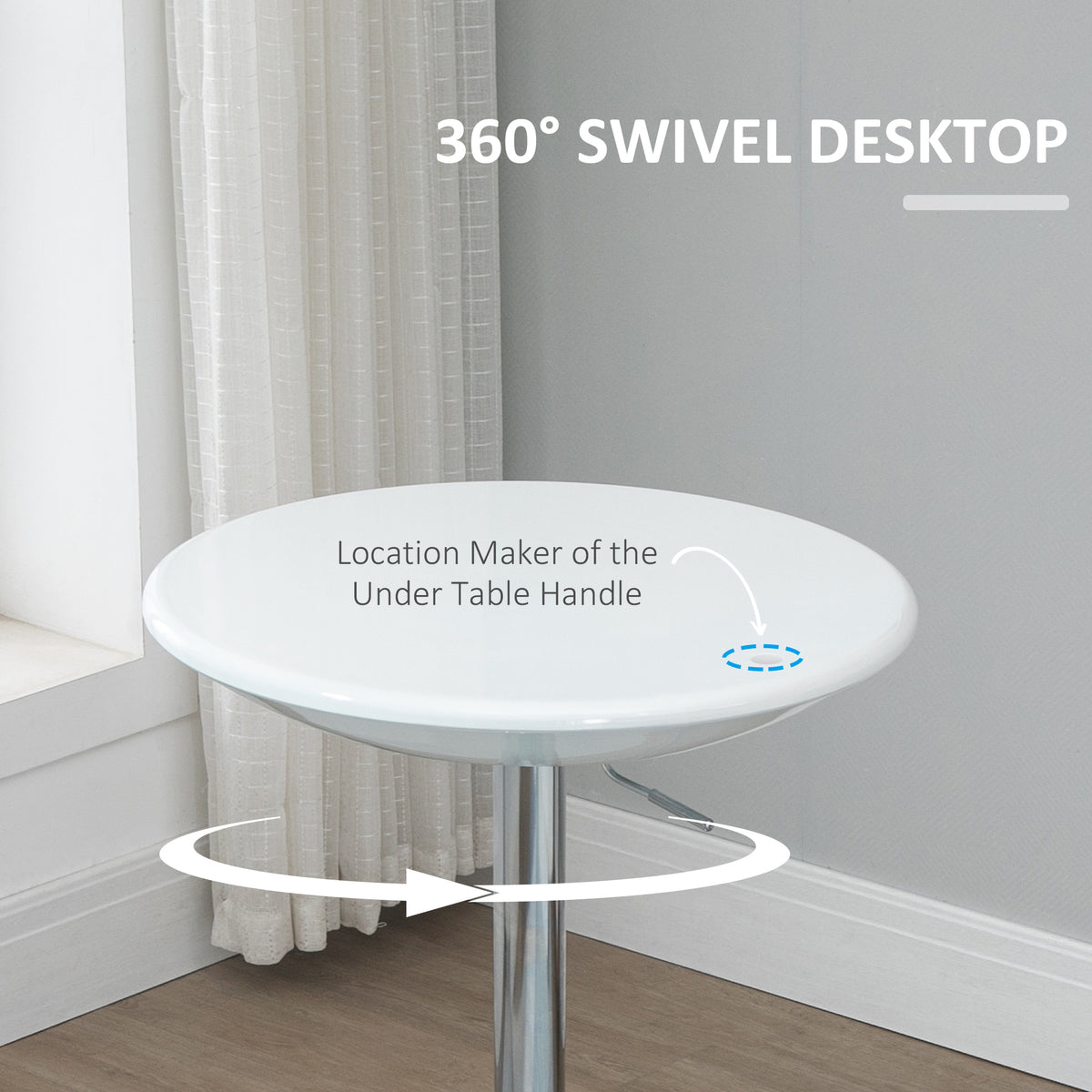 HOMCOM Modern Round Bar Table Adjustable Height Home Pub Bistro Desk Swivel Painted Top with Silver Steel Leg and Base, White