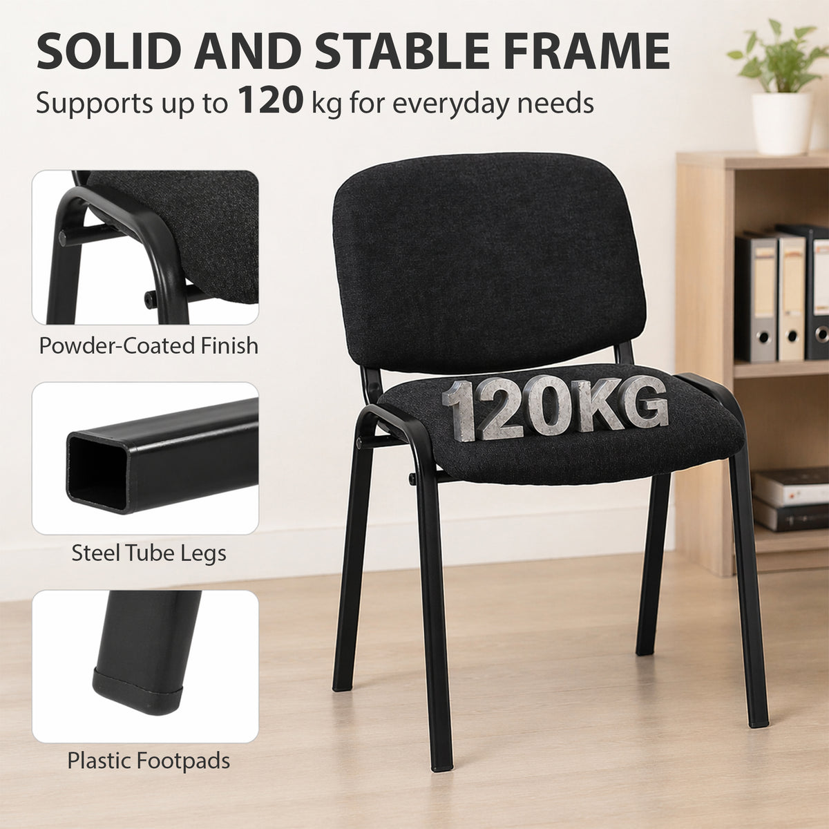 HOMCOM Linen-Look Fabric Reception Chairs, Stackable Meeting Chairs Set of 4 with Backrest, Padded Seat for Office, Black