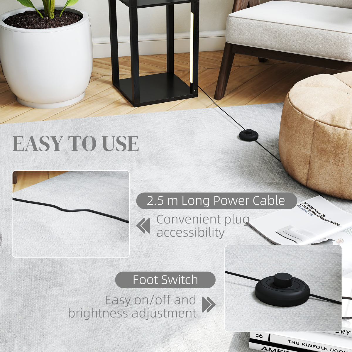 HOMCOM LED Floor Lamp with Shelves, Modern Dimmable Standing Lamp with 3 Brightness Levels and Foot Switch for Living Room, Bedroom, Office, Black
