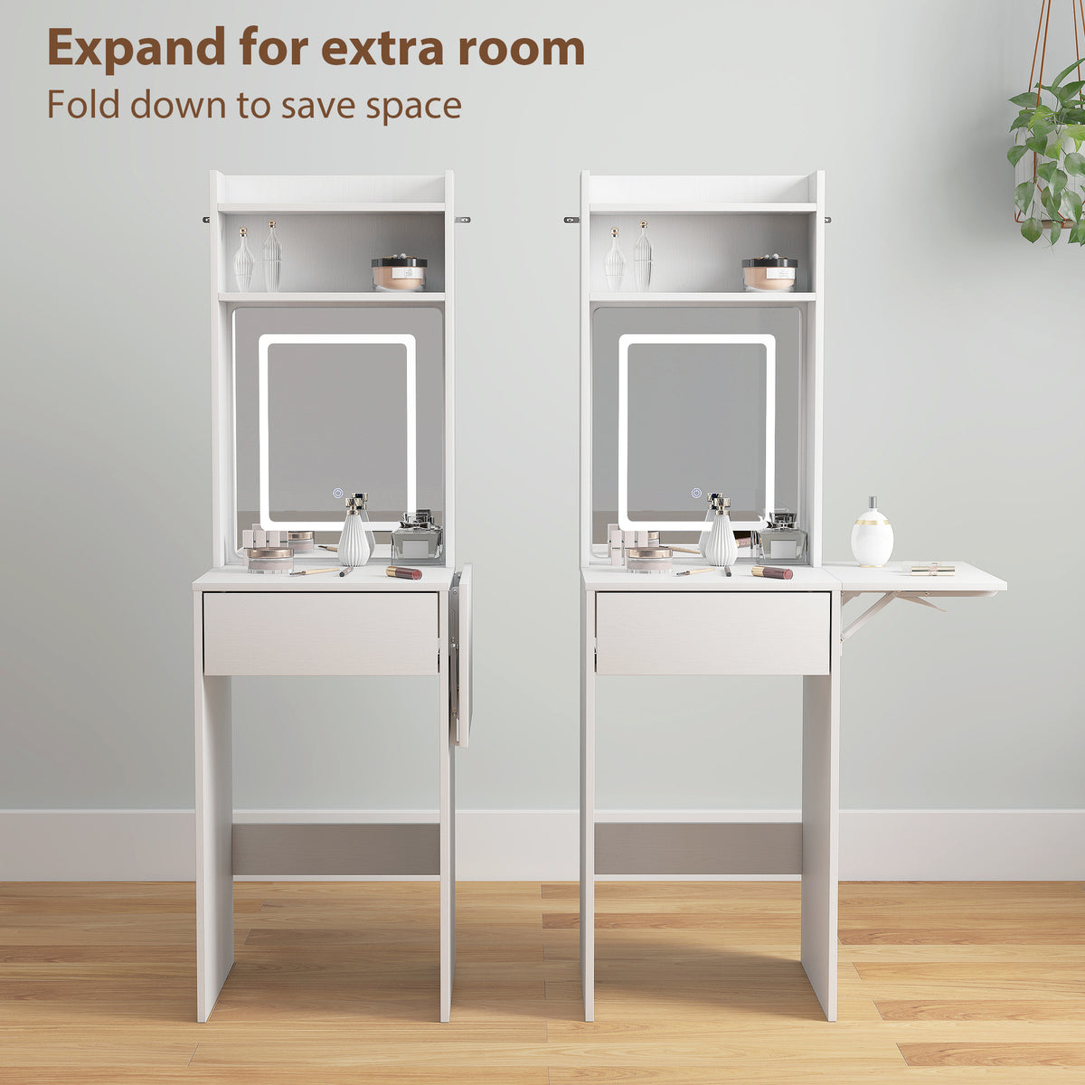 HOMCOM Small Vanity Desk with Mirror and LED Lights, Compact Dressing Table with Drop Leaf, Open Shelves and Drawer, White
