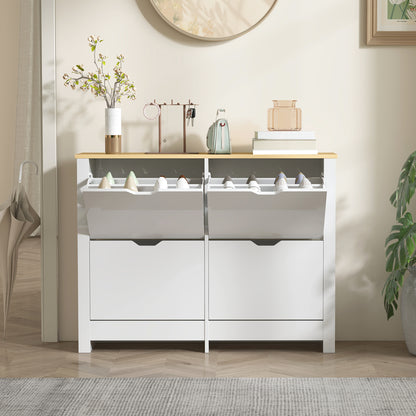 HOMCOM Slim Shoe Cabinet, Narrow Shoe Cupboard with 4 Flip Drawers, Adjustable Shelves for 16 Pairs of Shoes, White