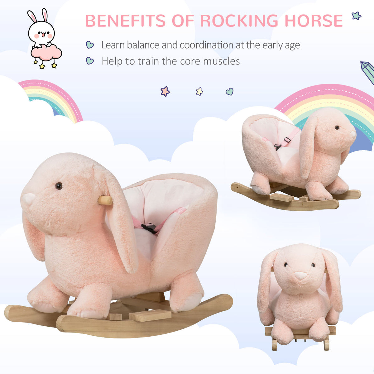 HOMCOM Baby Rocking Horse, Plush Ride On Horse, Rabbit Ride-On Toy with Sound, Wood Base, Seatbelt, for Ages 18-36 Months, Pink
