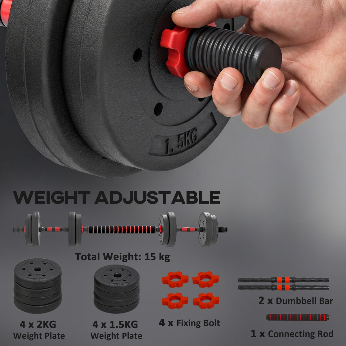 HOMCOM 15kg 2 in 1 Adjustable Dumbbells Weight Set, Dumbbell Hand Weight Barbell for Weight Training, Black