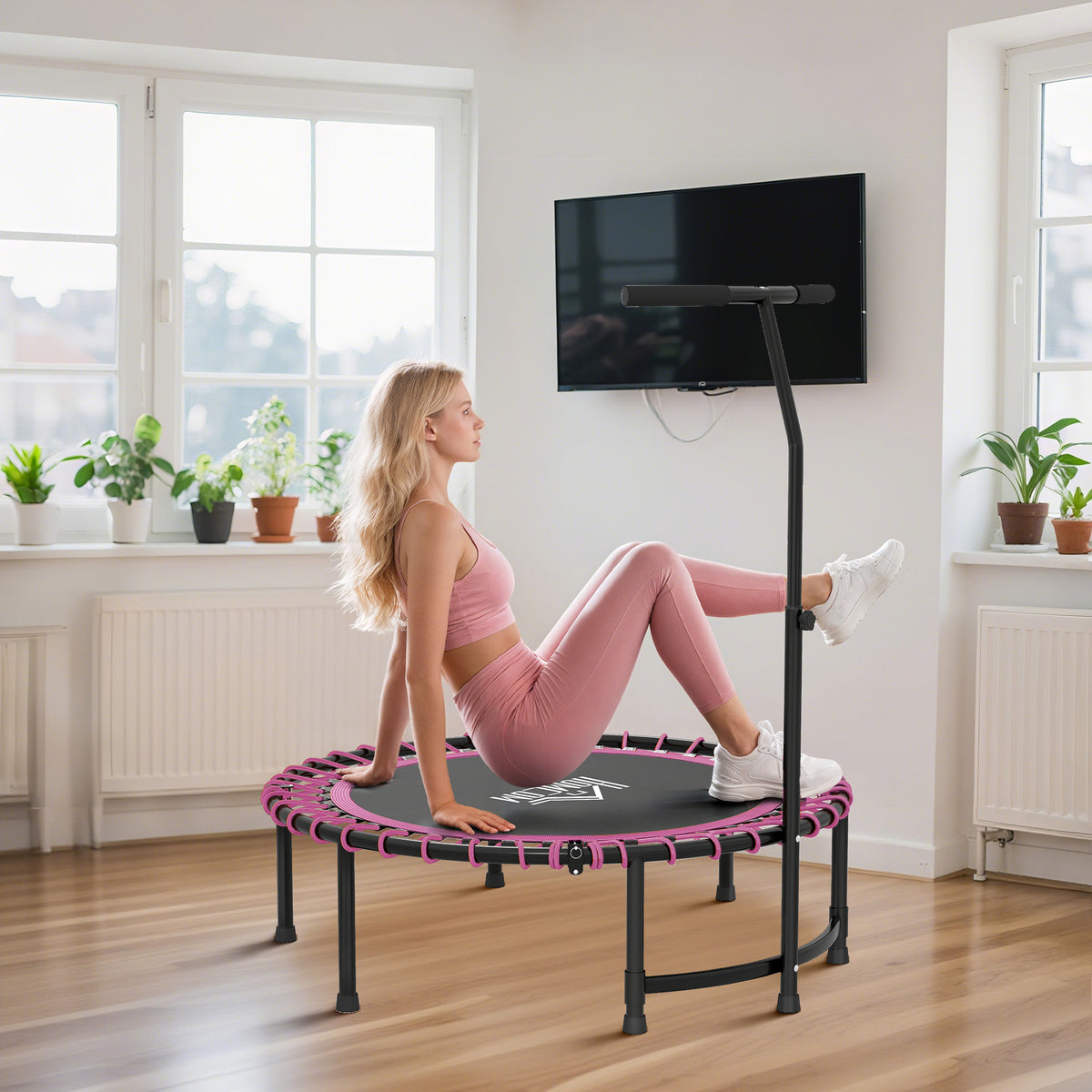 HOMCOM Mini Round Steel Frame Trampoline w/ Adjustable Handle, Pink