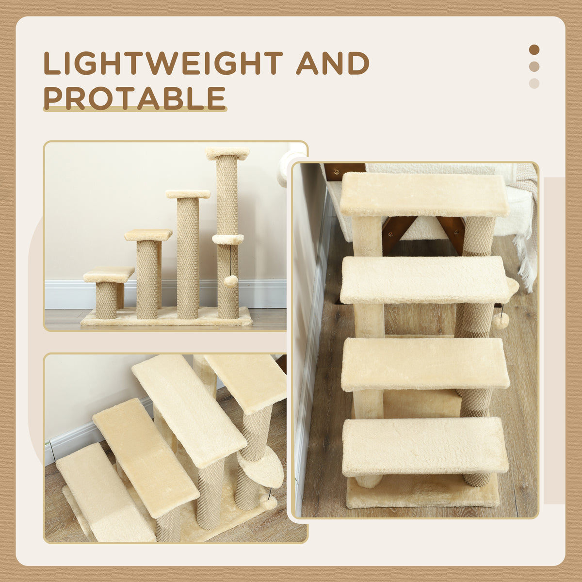 PawHut 4-step Pet Stairs with Scratching Posts, Platforms, Toy Ball, Beige