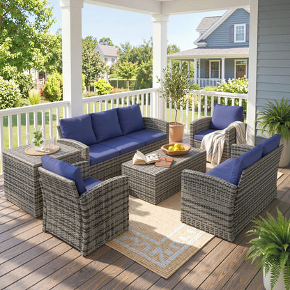 Outsunny 6 Pieces Rattan Garden Furniture Set, 7 Seater Wicker Outdoor Furniture Set with Storage Tea Table & Side Table, Sectional Garden Sofa Set with Cushions, Navy Blue