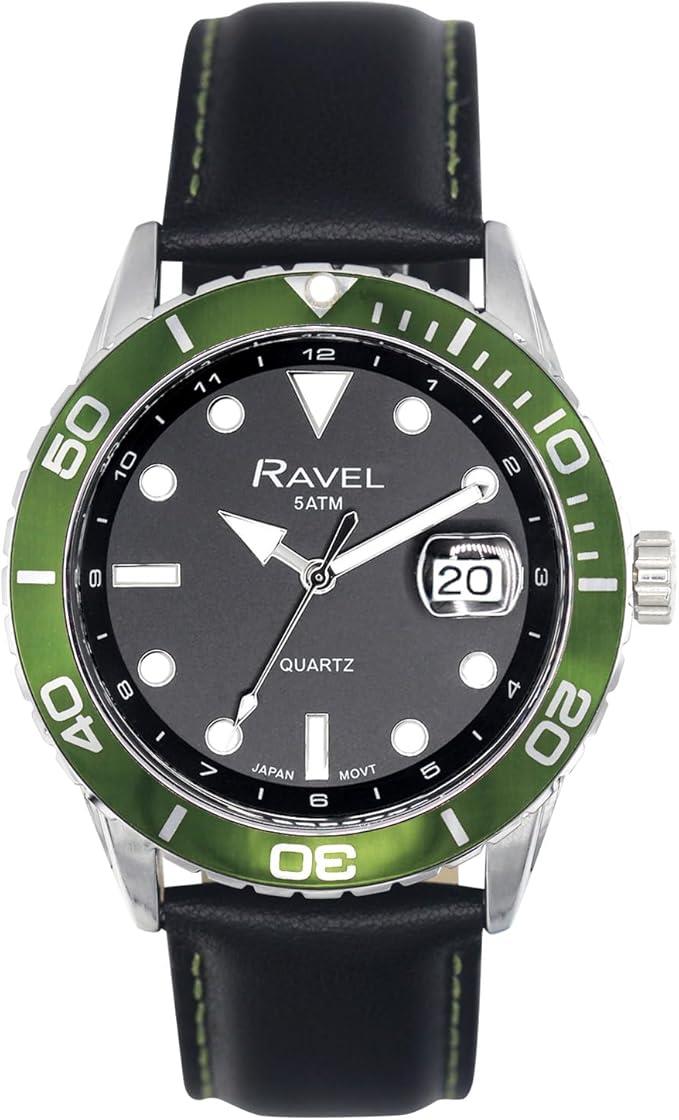 Ravel Mens Fashion Sports 42mm Round 5ATM Dated Dial Rotating Uni-Directional Bezel Black Leather Strap Watch RPD-M