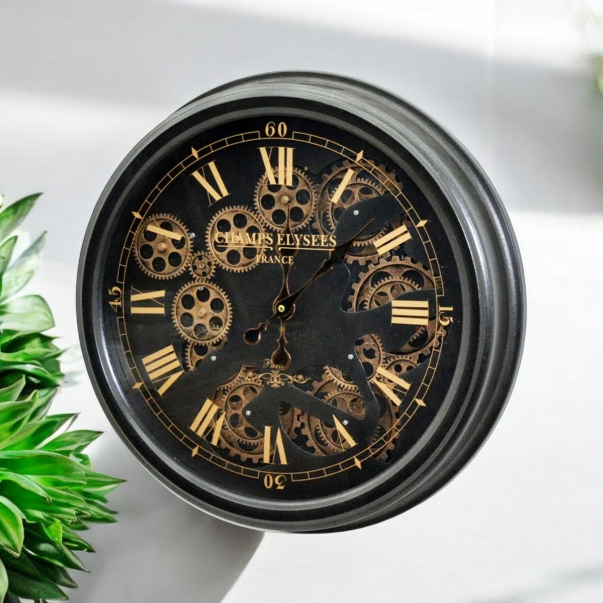 Stylish & Decorative Industrial with Roman Numerals Round Wall Clock - Modern Design, Moving Gears, Battery-Operated Quartz Movement Timepiece for Living Room & Home (Black 52cm (Champs Elysees))