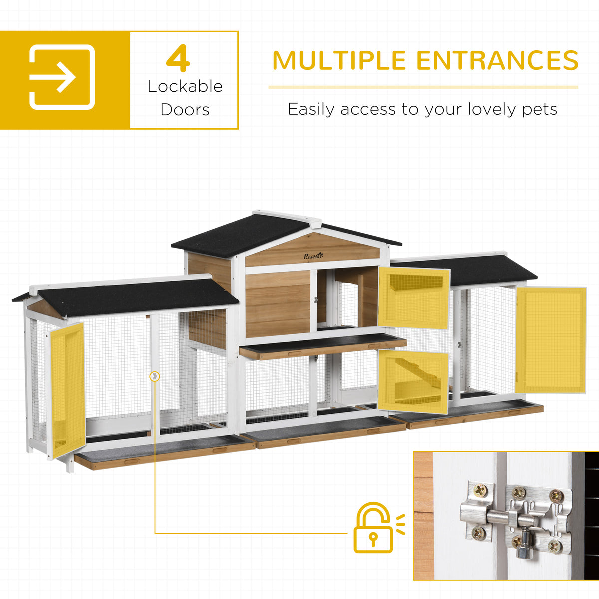 PawHut 2-Tier Large Rabbit Hutch Outdoor with Double Side Run Boxes, No-leak Plastic Tray, Ramp, 230 x 53 x 93.5cm, White