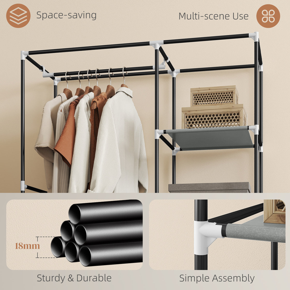 HOMCOM Fabric Wardrobe w/ Shelves Hanging Rail Foldable Wardrobe Light Grey