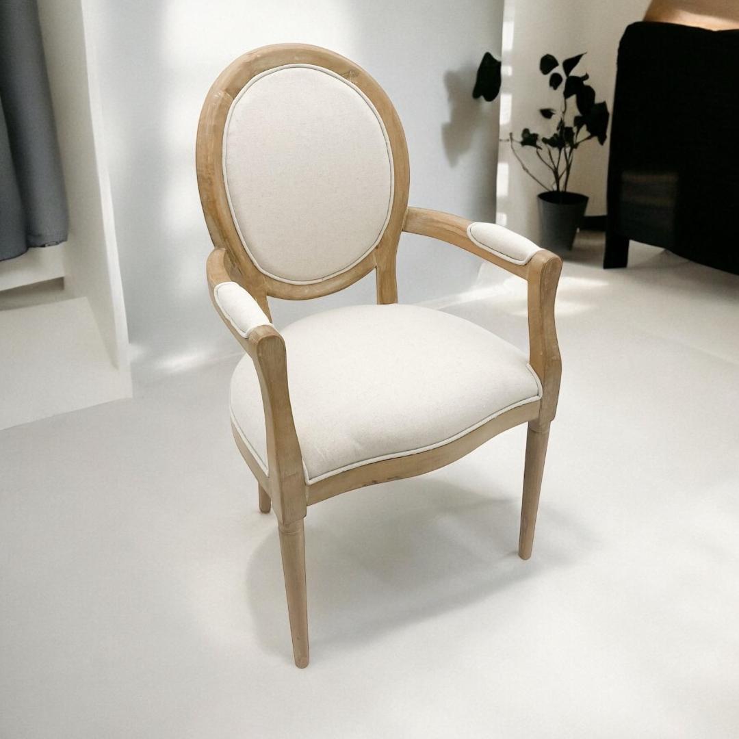 Elegant and Comfortable 94CM Louis Style Cream Linen Armchair - Oak/Grey Frame French Style Dining Chair with High Back Design for Modern Home Décor or Dining Spaces (Oak Frame Cream Linen)