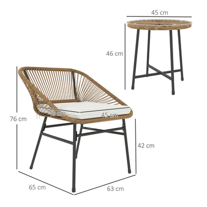 Outsunny 3 Pieces Rattan Bistro Set, Wicker Small Garden Table and Chairs Set with Cushions and Glass Top Coffee Table, Bistro Garden Furniture Set for Outdoor, Patio, Balcony, Natural