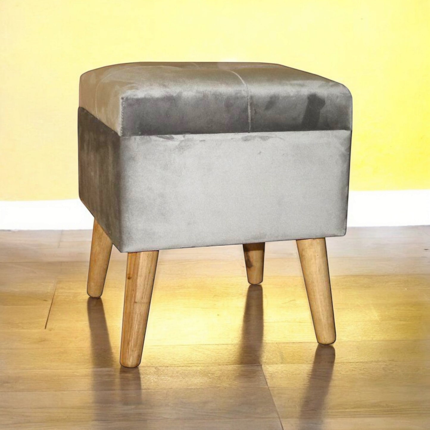 AcaciaHome Stylish & Durable Living Velvet Ottoman Footstool with Lift-Up Storage, Square Design, Traditional Pattern, Comfortable Medium Firmness for Living Room, Office or Lounge (Grey, Square)