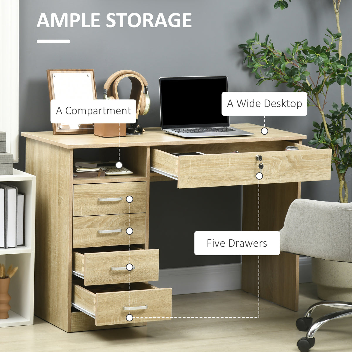 HOMCOM Computer Desk with 5 Drawers, Home Office Desk with Lockable Drawer and Storage Shelf, Study Table for Bedroom, 110 x 50 x 76 cm, Oak