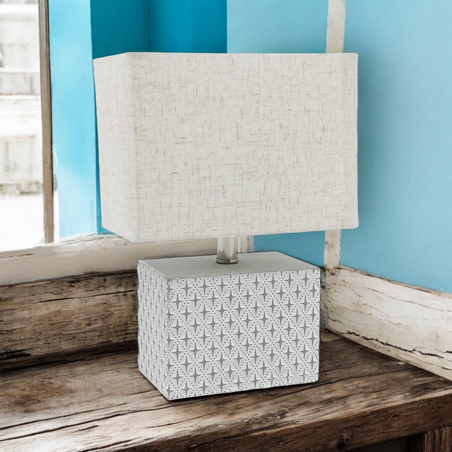 Stylish & Elegant Art Deco Cream-Grey Cement Table Lamp with Diamond Pattern & Off-white Fabric Energy Efficient Empire Shade for Bedroom, Office, Home Decor Lighting (Square -20cm-15cm-10cm)