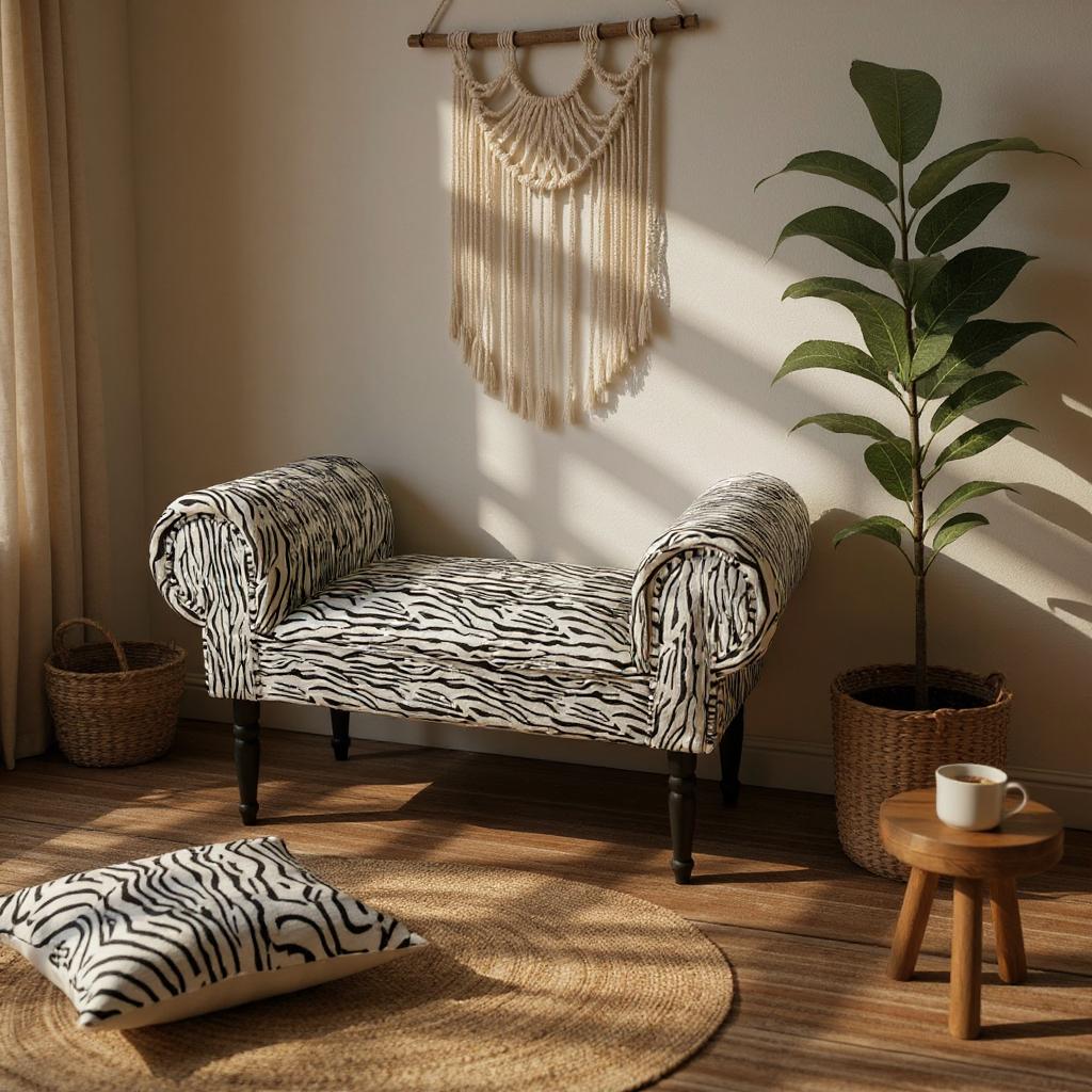 Durable & Stylish Velvet Window Seat Bed End Chaise Lounge - Crushed Velvet Fabric, Solid Wood Feet, Padded Armrests, Sponge Padded Seat, Perfect for Bedroom or Living Room (White Tiger Art Design)