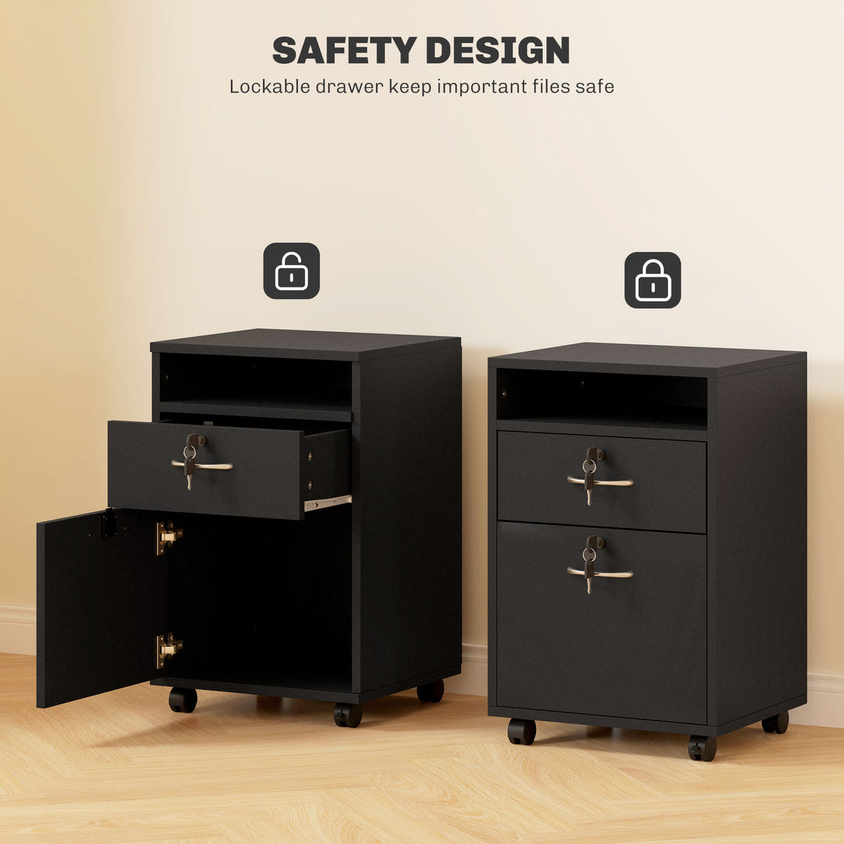 HOMCOM Filing Cabinet, Mobile File Cabinet with 2 Lockable Drawers, Office Home Organiser on Wheels for A4, Letter-Size File Folders, Mobile Printer with Open Shelf, Black