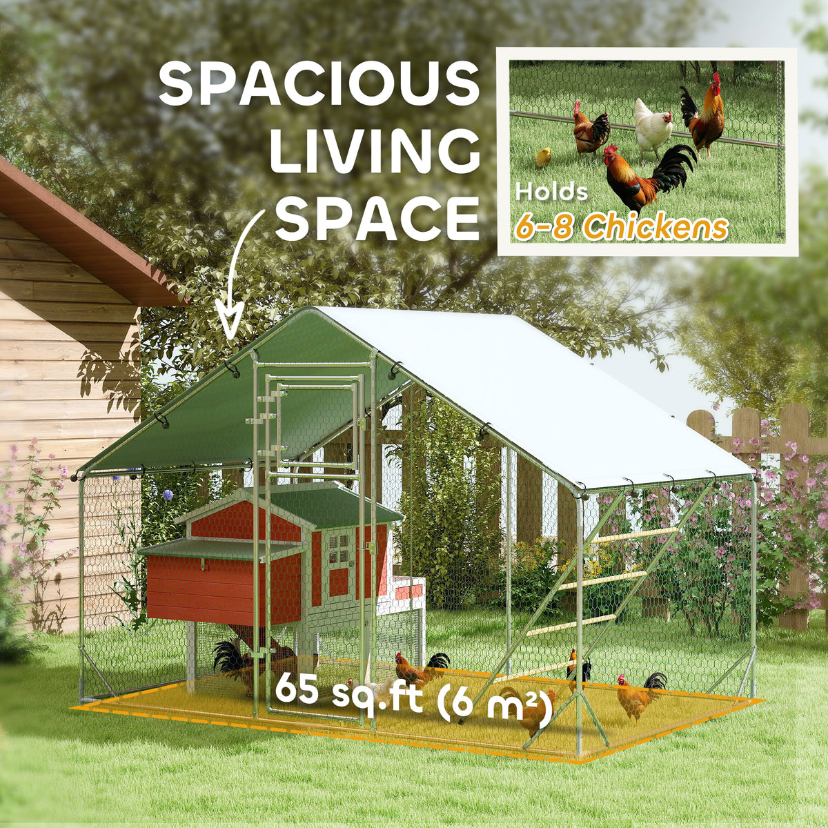 PawHut Walk-in Chicken Run with Cover, Feeding Door, Hanging Feeder, Perch, for 6-8 Poultry