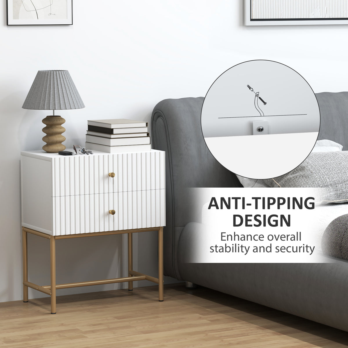 HOMCOM Elegant Two-Drawer Bedside Table - White