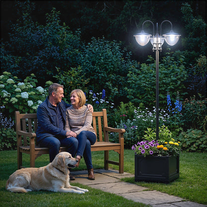 Outsunny 189cm 3-head Solar Lamp Post, Street Light with Planter, Automatic-on, 6 Hour Max Outdoor Ready LED Lighting, Black
