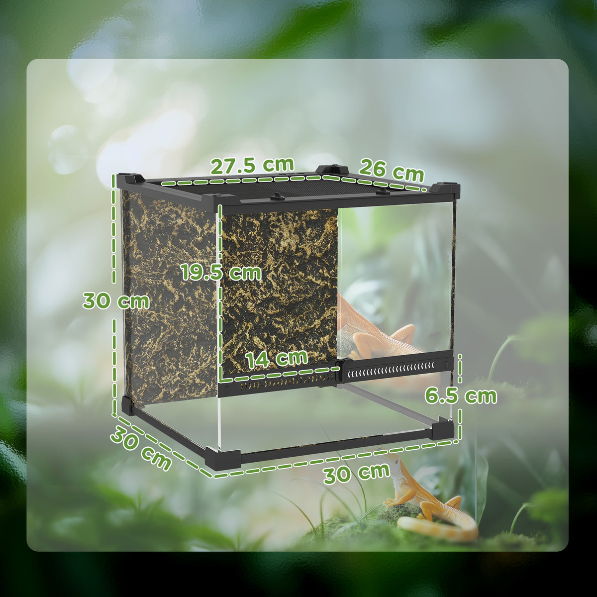 PawHut Reptile Glass Terrarium with Stone Background, Front Ventilation, Escape-Proof Knob Lock, 30 x 30 x 30 cm, Black