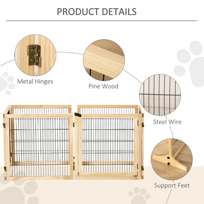 PawHut Wooden Pet Gate, Freestanding Dog Security Barrier with Two Support Feet - Natural Tone