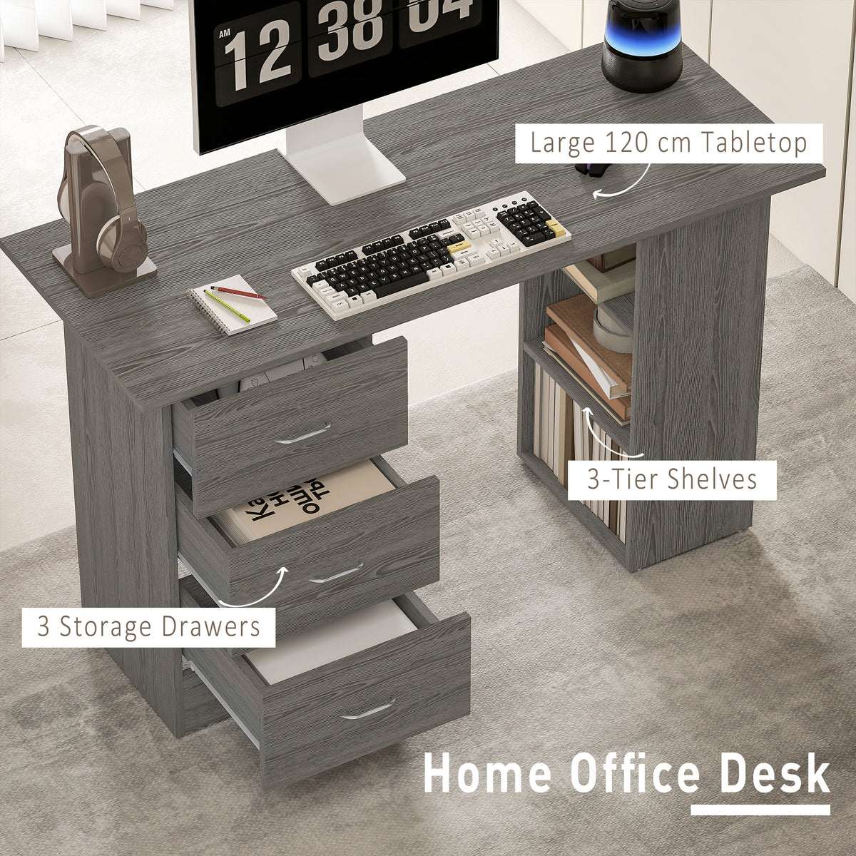 HOMCOM Computer Desk with Drawers, Home Office Desk, Writing Table, PC Workstation with 3 Storage Shelves for Working, Study, 120 x 49 x 72 cm, Grey