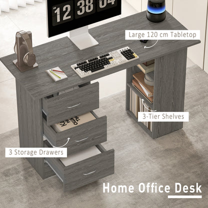 HOMCOM Computer Desk with Drawers, Home Office Desk, Writing Table, PC Workstation with 3 Storage Shelves for Working, Study, 120 x 49 x 72 cm, Grey