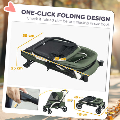 PawHut Foldable Pet Stroller for Medium Dogs with Four Big Wheels, Shock-Absorbing Frame, Safety Leashes, Brakes, Dark Green