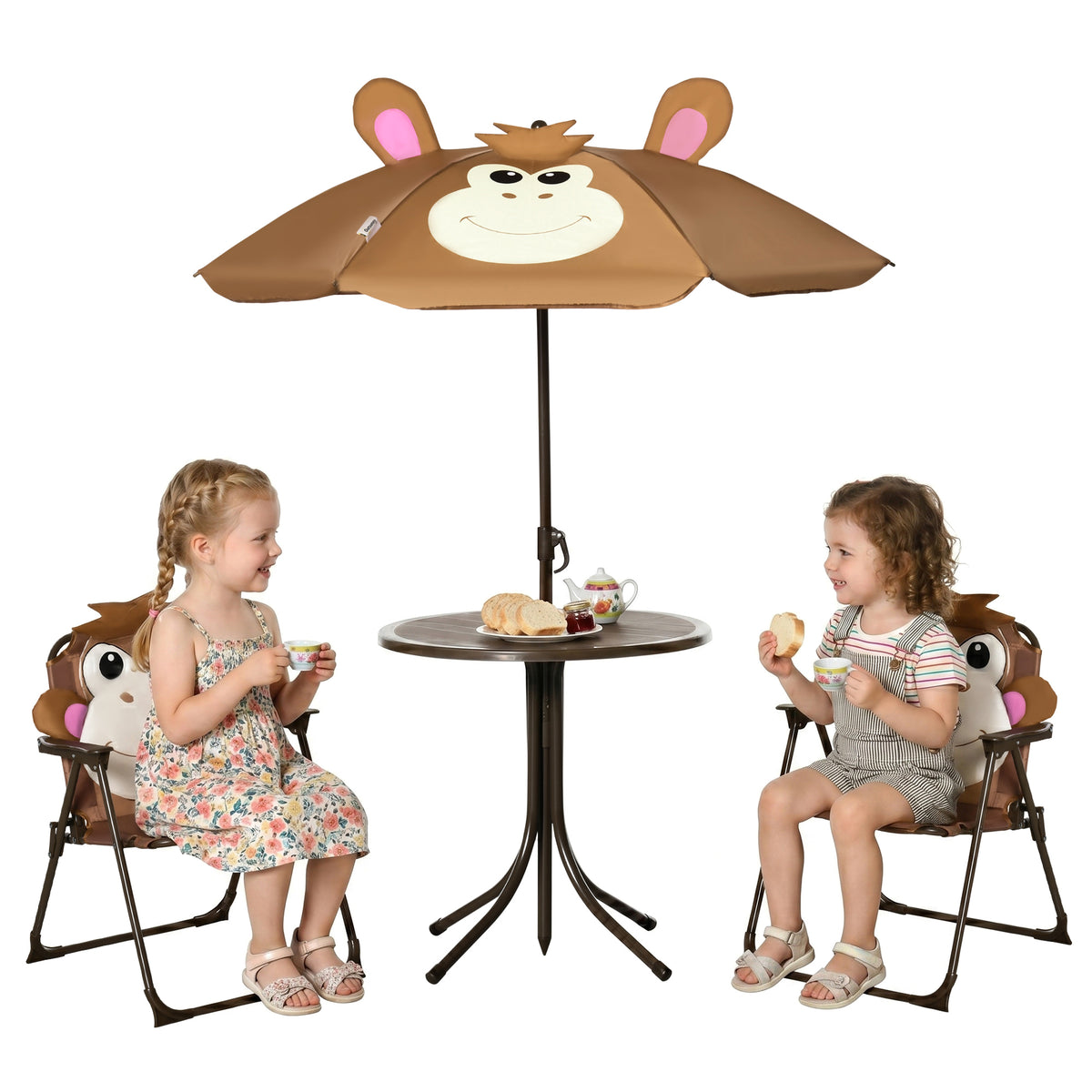 Outsunny Kids Bistro Table and Chair Set, Outdoor Folding Garden Furniture w/Monkey Design, Removable, Adjustable Sun Umbrella, Ages 3-6 Years - Brown