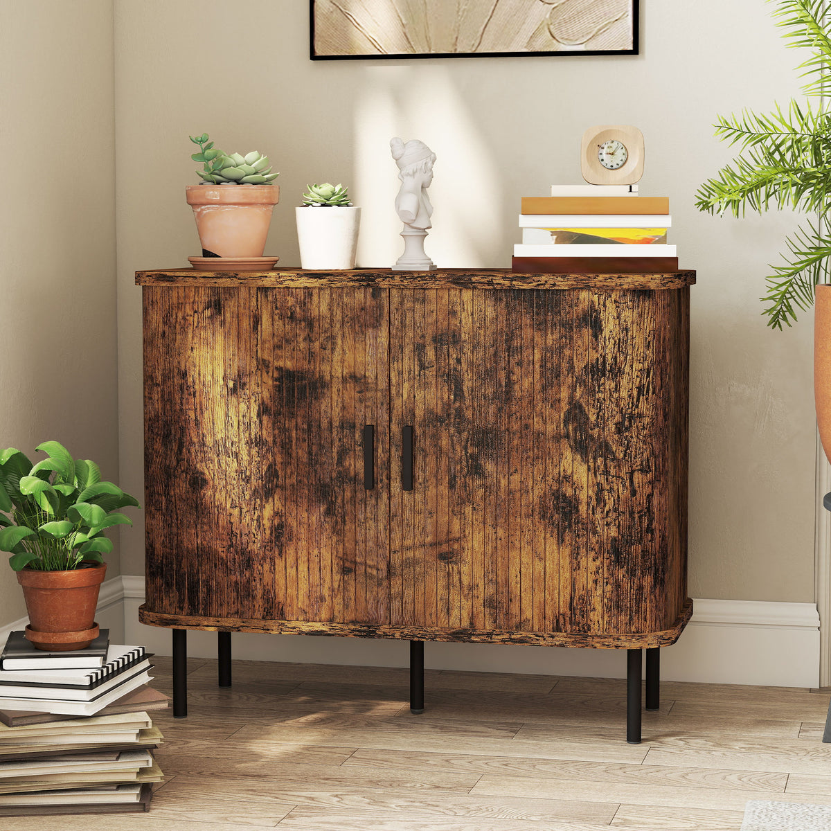 HOMCOM Mid-Century Modern Sideboard Storage Cabinet with Slatted Tambour Sliding Doors, Kitchen Cabinet with Steel Legs, Rustic Brown