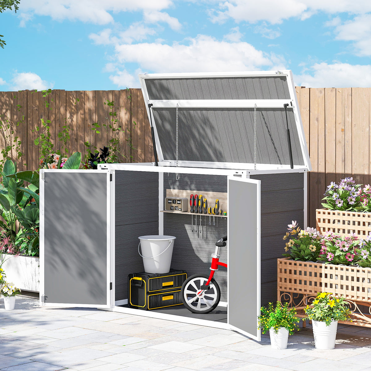 Outsunny 4.7 x 2.5FT Garden Shed, Double Bin Storage Shed with Lockable Doors, Outdoor Small Shed with Openable Lid for 2 Rubbish Bins, Garden Tools, Grey